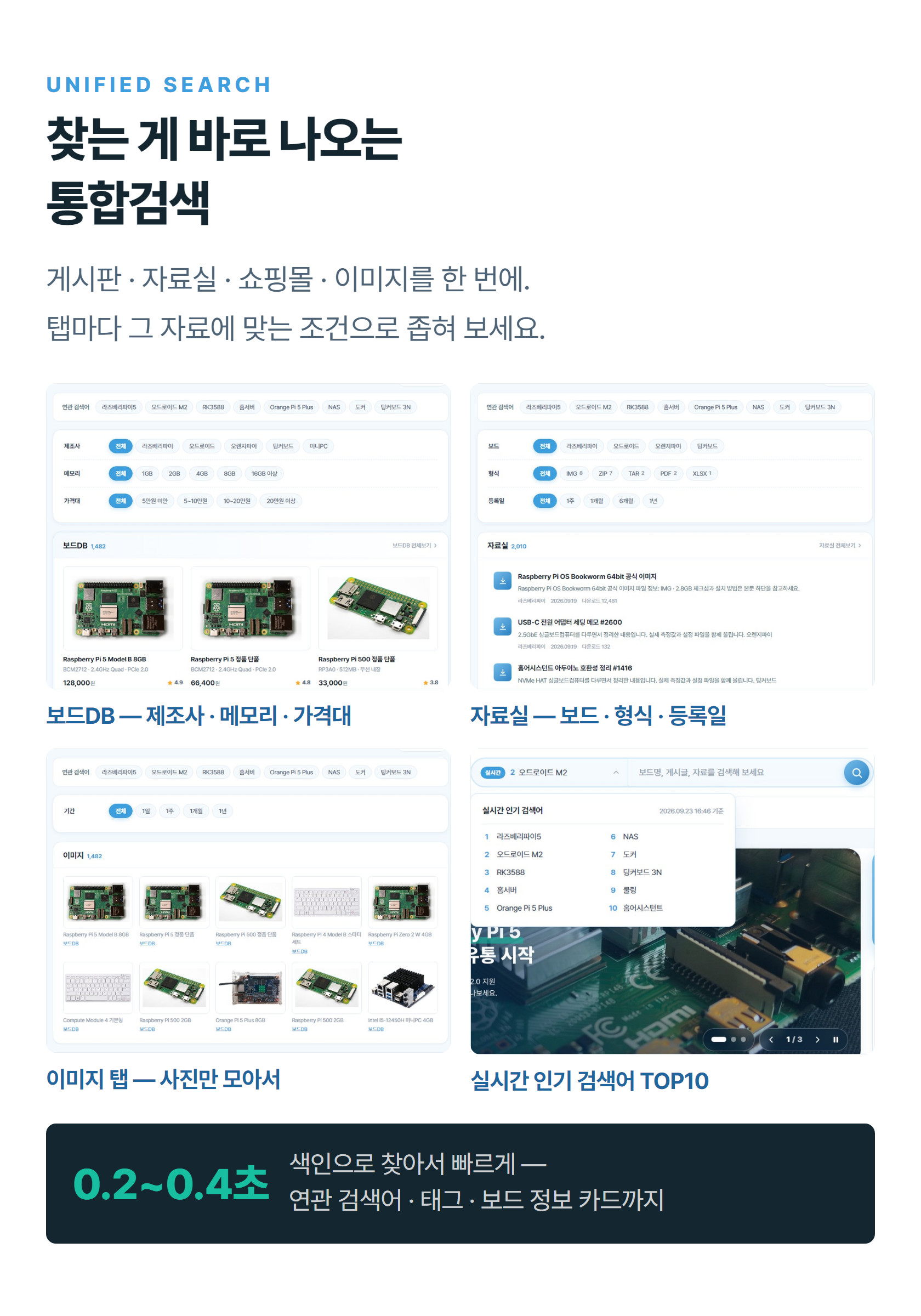 통합검색 — 보드DB · 자료실 조건, 이미지 탭, 실시간 인기 검색어